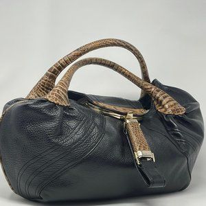 FENDI Spy Handbag; Black Leather/Croc Strap & Trim